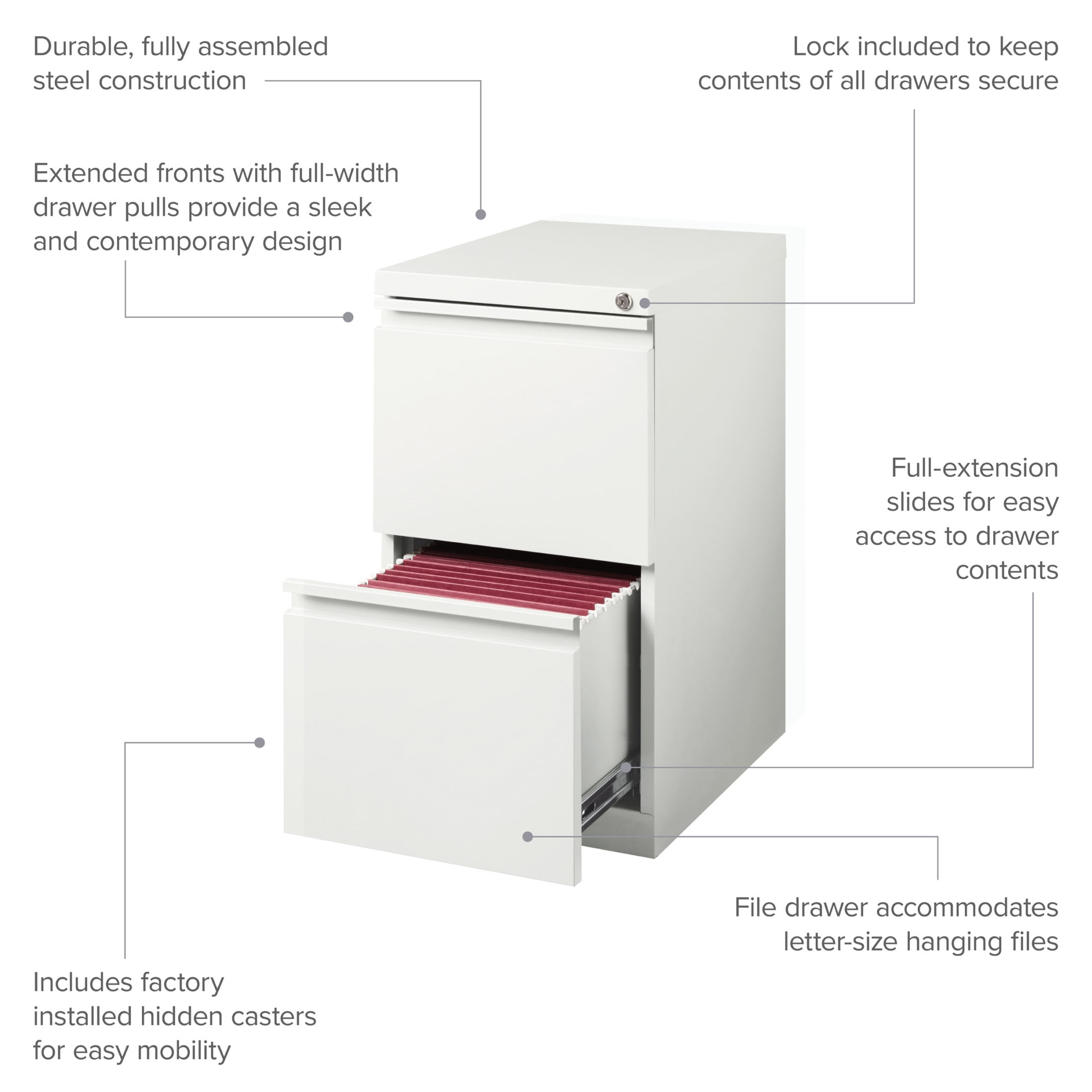 Hirsh Pro 20" Deep Mobile Pedestal File Cabinet 2 Drawer File-File, Letter Width, White