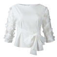 thumbnail image 4 of Wycnly Womens Tops Dressy Casual Going out Elegant Mesh Patchwork Plus Size Elastic Waist Tunic Shirts with Belt Summer 3/4 Sleeve Round Neck Tops Solid Blouse White XL, 4 of 4