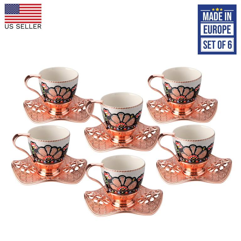 Turkish Coffee Cups Set of 6 and Saucers - Espresso Mugs with 2.3