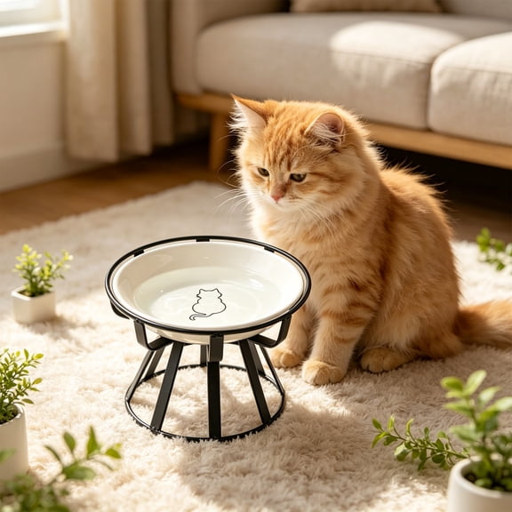 Elevated Ceramic Cat Bowl With Metal Stand Anti Tip Pet Food Water Bowl Cute Pattern Raised Feeding Dish For Small Medium Cats Dogs Prevent Neck Strain Indoor Pet Feeder