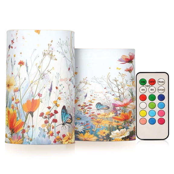 Spring Flower Flickering Flameless Candles Battery Operated with Remote Timer LED Pillar Candles Set of 2