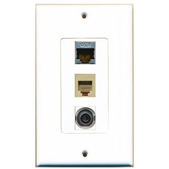 RiteAV - 1 Port Phone RJ11 RJ12 Beige and 1 Port Shielded Cat6 Ethernet and 1 Port 3.5mm Decorative Wall Plate Decorative