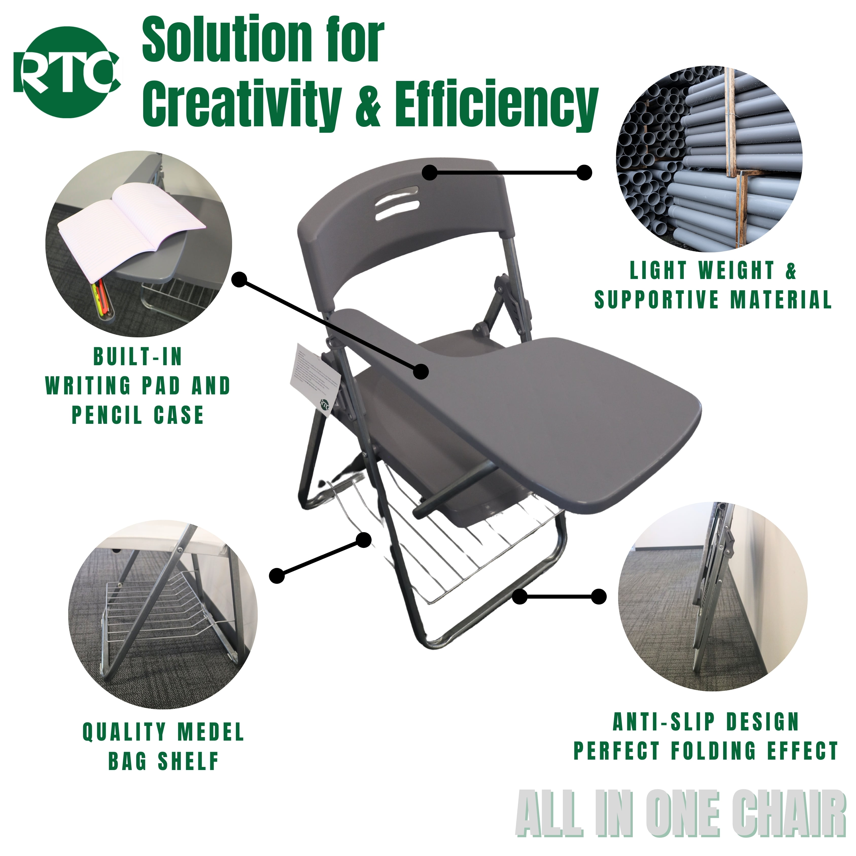 RTC Group Right Hand Pad Tablet Small Arm Desk Folding Chair, Blue, 2Pk