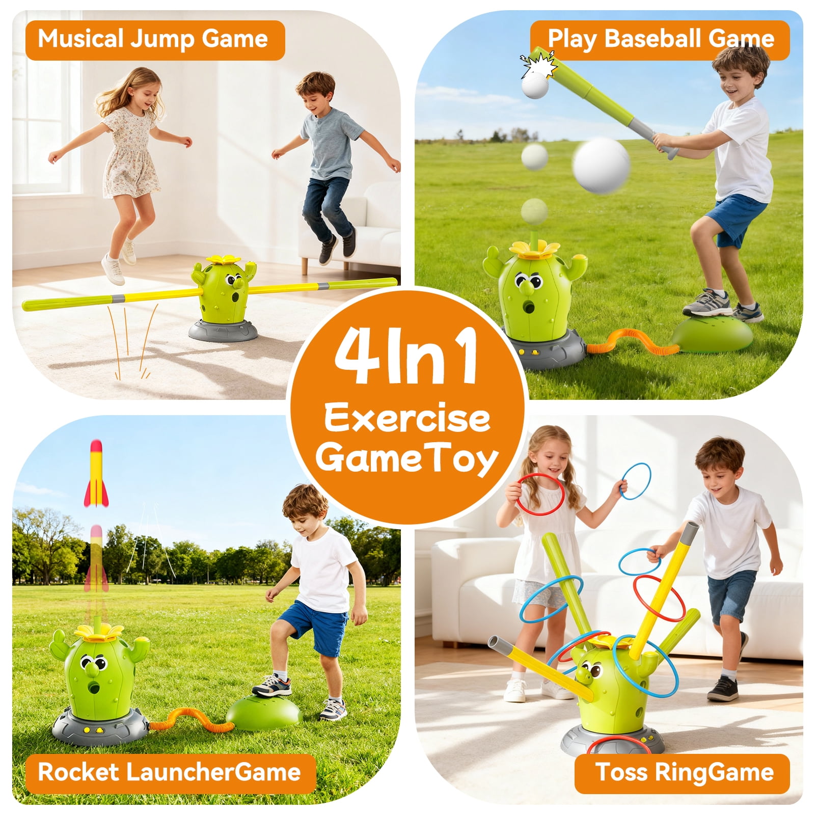 KNMDU 4-in-1 Cactus Toy Set with Ring Toss, Baseball, and Stomp Rocket Launcher, Active Play Outdoor Toy for Kids Ages 4-8