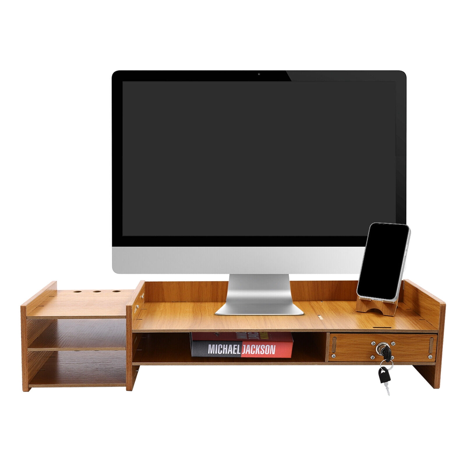 Wood Square Desk Organizer with Drawers  Desktop Storage With Lock, Pen Holder