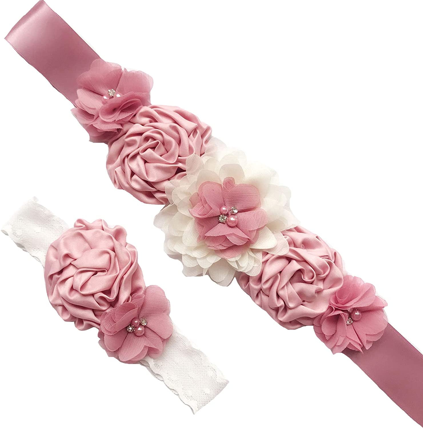 MissDaisy-Maternity Flower Sash Belt Headband Set Women Girls Wedding Baby Shower Sash Ribbon Tie 