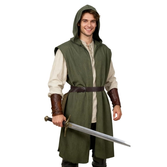 ZToonmas Men Medieval Sleeveless Hooded Tunic Long Open Front Vest Renaissance Halloween Role Play Cloths