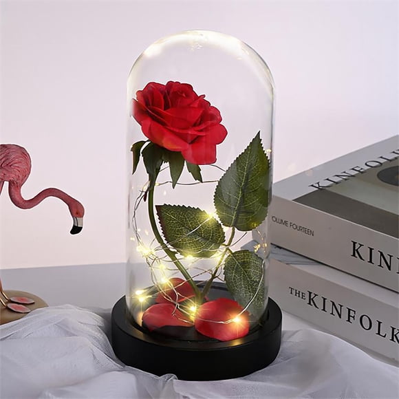 tredstone Dome Red Rose Wood Base dome rose adornment Led Light String Oxford Cloth Artificial Flower Dome Rose Decoration