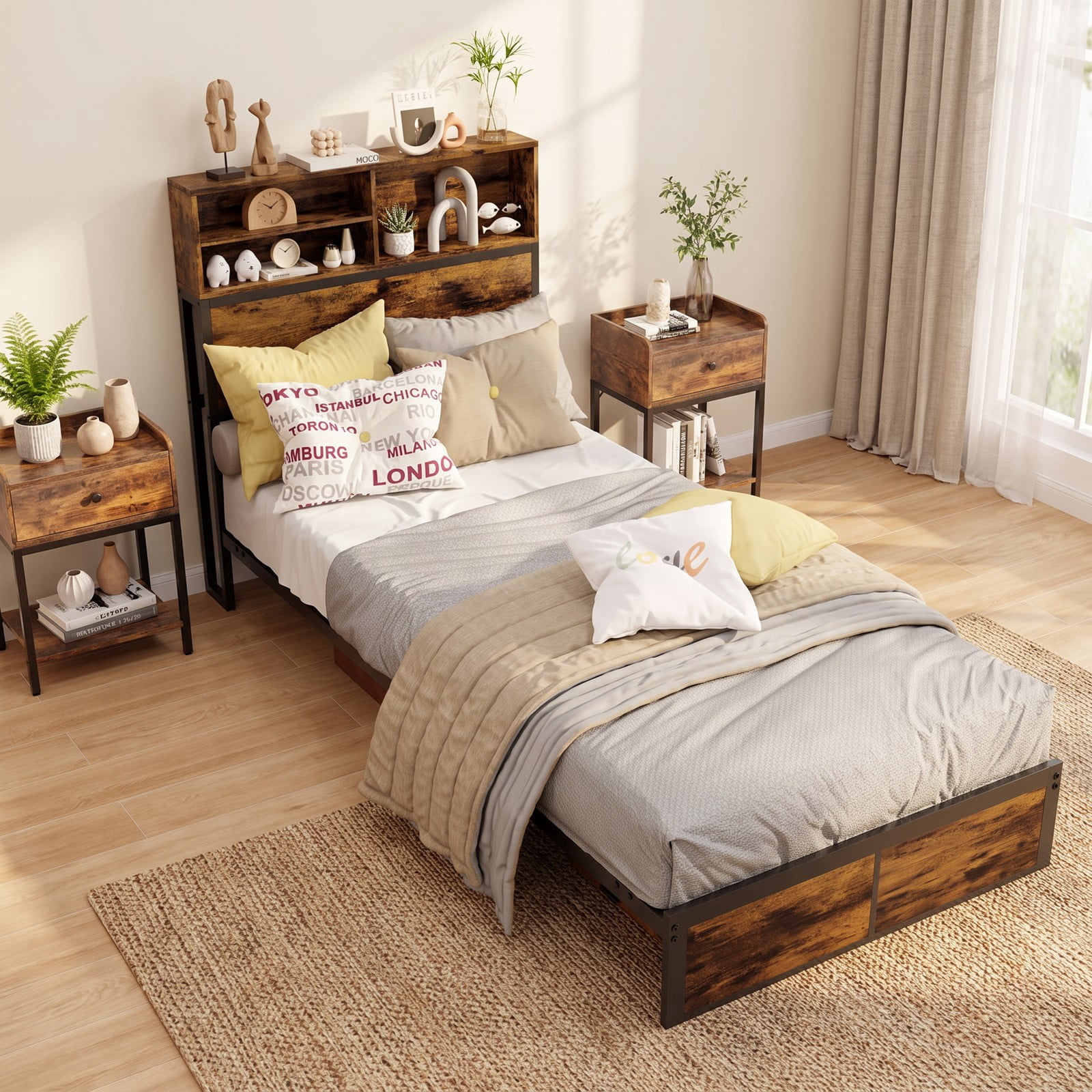 Furnibear Queen Bed Frame with Storage Headboard, Industrial Metal Platform Bed Frame with Charging Station and USB Ports, No Box Spring, Rustic Brown