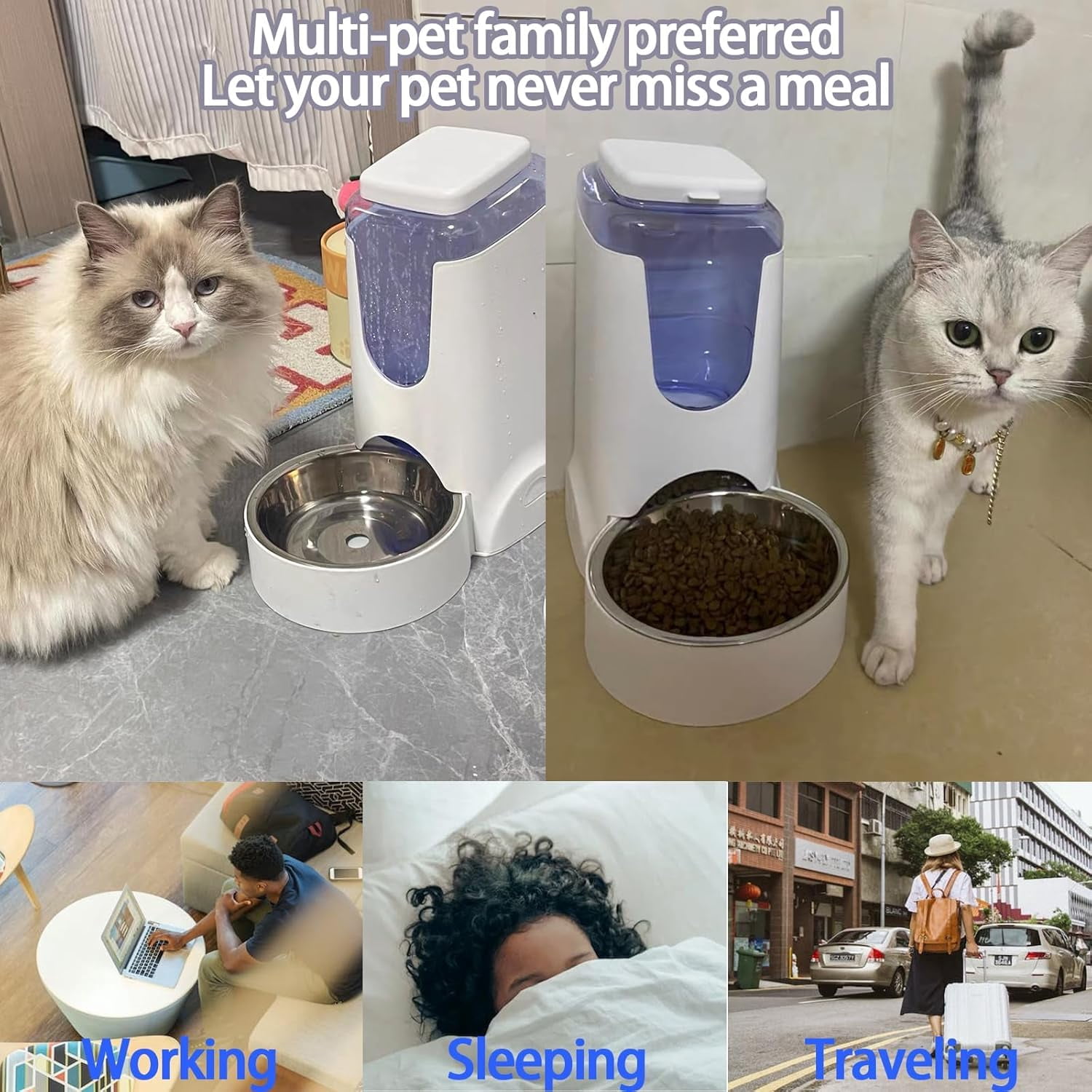 Pets Automatic Gravity Feeder Dogs 2.8L Food & 4L Water Dispenser Set with Stainless Steel Bowl for Medium Big Dog Cat (White)