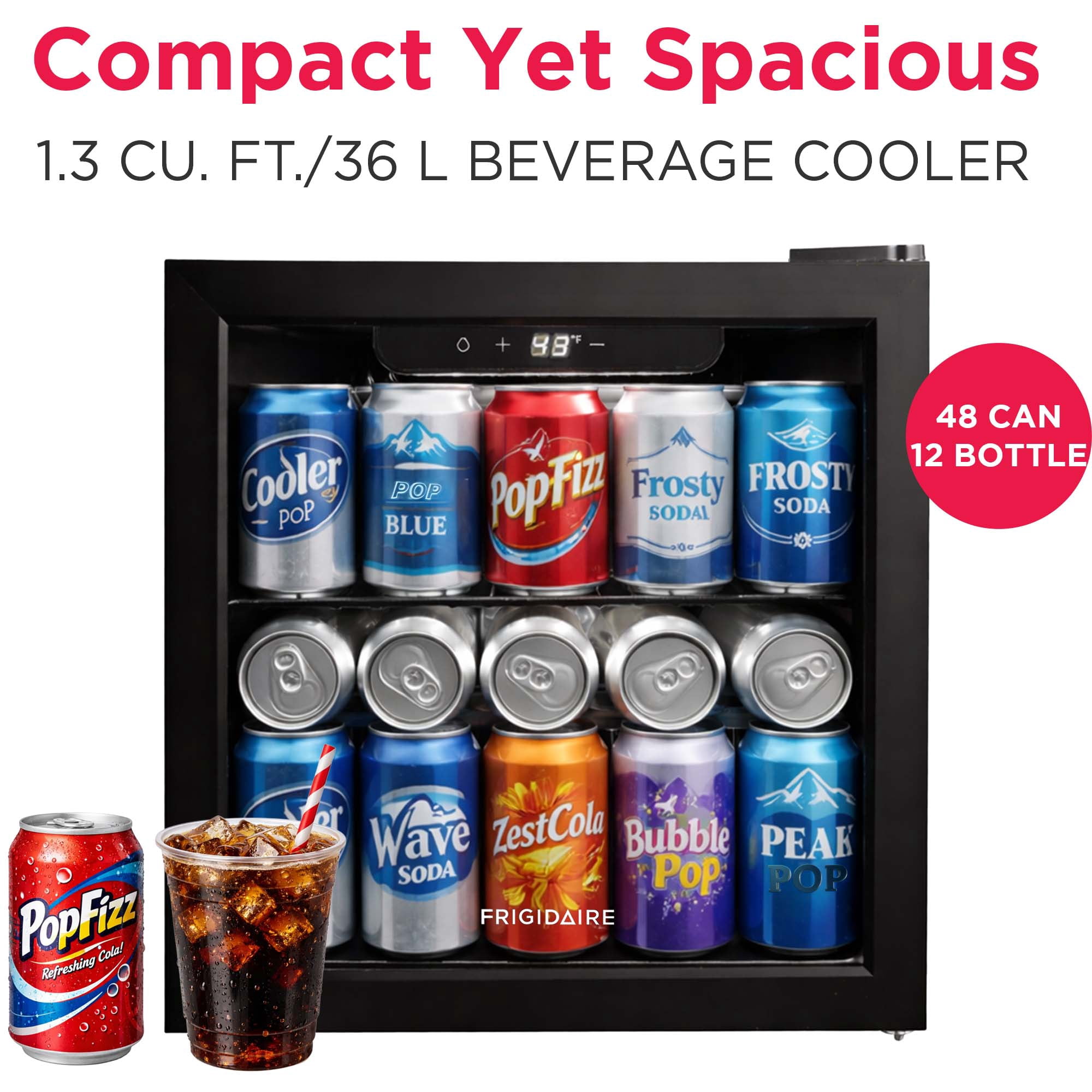 Frigidaire 1.3 Cu. ft. 36L Glass Door Beverage Refrigerator, 47 Can Capacity Mini Fridge with Touch Controls