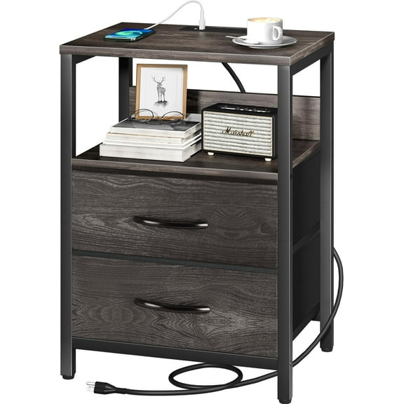 Chenshuoo Nightstand with Charging Station, Small Night Stand with Fabric Drawers and Storage Shelf for Bedrooms, Small Spaces, Bedside Table with USB Ports & Outlets