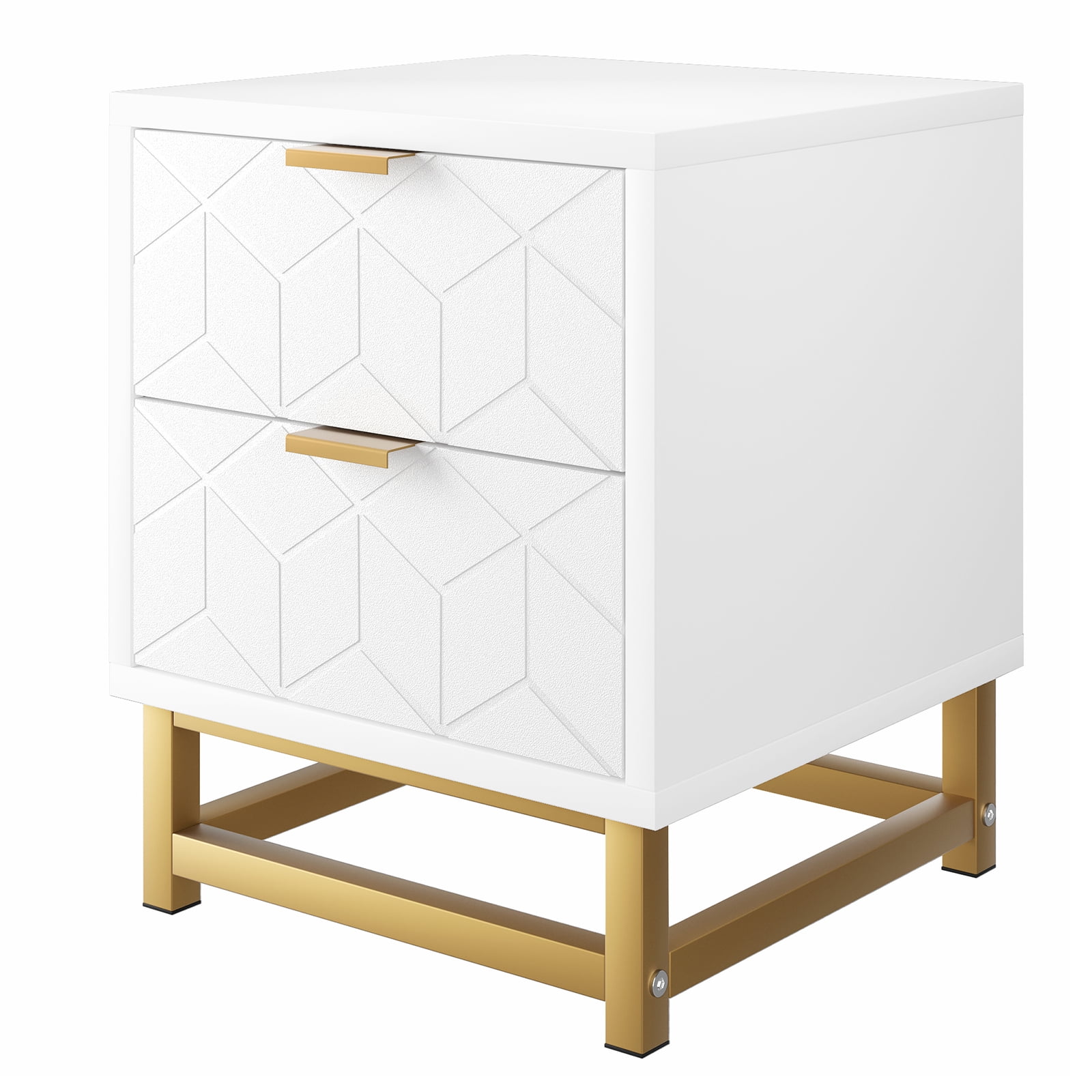 White and Gold Nightstand Modern Bedside Table with 2 Drawers for ...