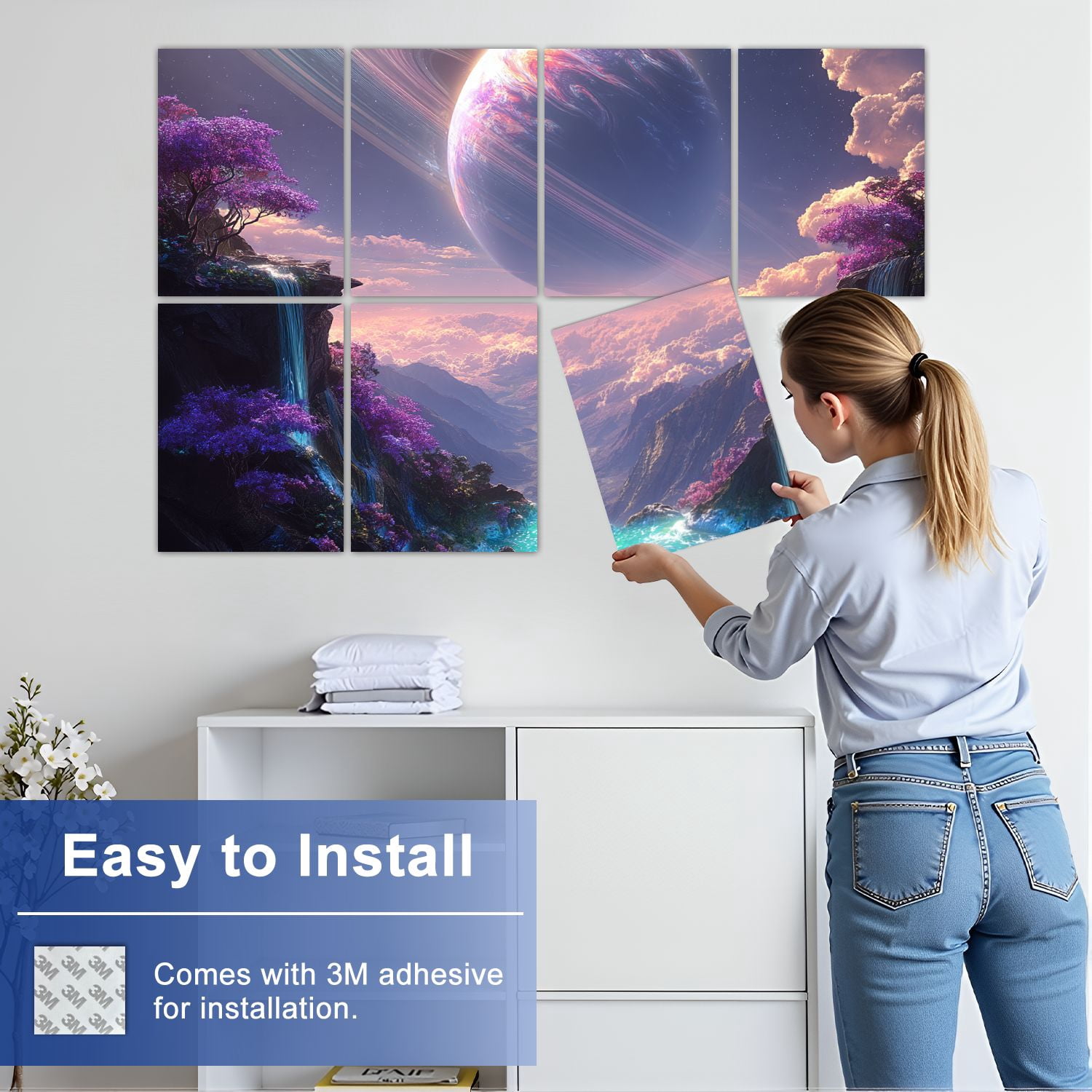 8 Pack Art Acoustic Panels Fantasy Landscape Purple Trees Waterfalls Ringed Planet Sky Self Adhesive Sound Absorbing Panels for Home Office Studio Media Room 48"x32"