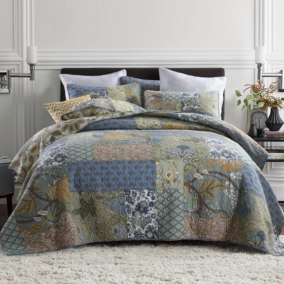 Visimisi 100%Cotton Bedspread Quilt Sets Reversible Bedding Coverlet Sets Comforter, Patchwork Vintage Floral Paisley Farmhouse Pastoral Turquoise Bedspread, King Size