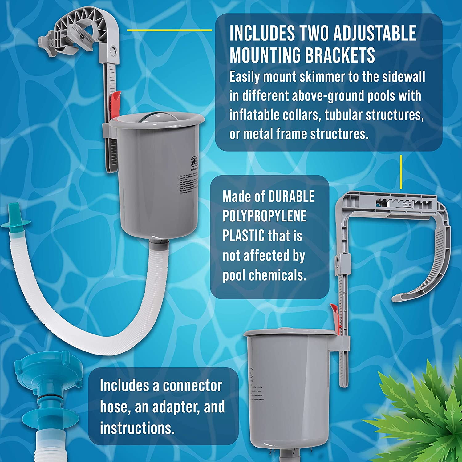 U.S. Pool Supply Pool Skimmer - Above Ground Pool Skimmer, Floating Surface Skimmer, 5 Adapters, Pool Accessories - Clean Debris Basket, Wall Mount, Attach to Inflatable Collars, Metal Frames