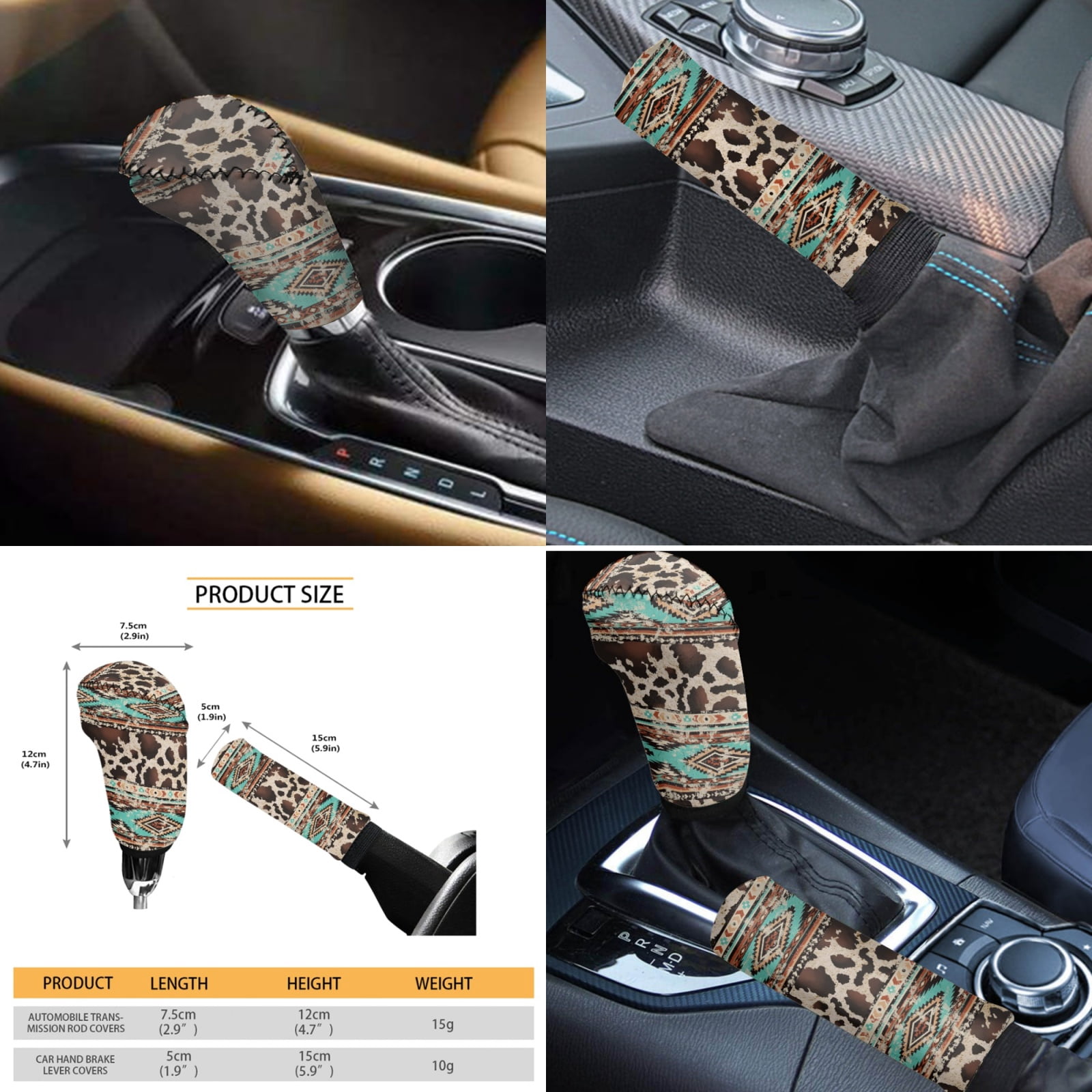 Renewold American Tribal Brown Cow Print Retro Car Seat Cover Full Set with Steering Wheel Cover Gear Shift Knob Cover Handbrake Protector Coasters Headrest Covers Fit for Most Vehicles, Set of 11