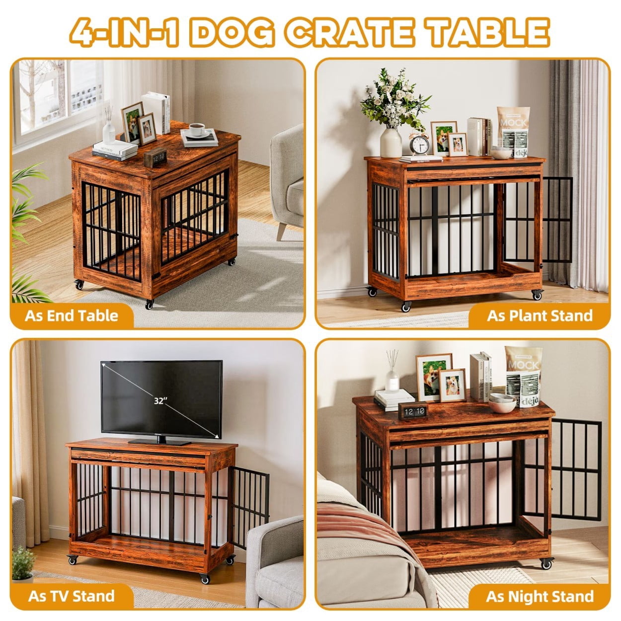 32" Dog Crate Furniture, Wooden Dog Kennel with Double Doors & Wheels, Indoor Dog Cage End Table for Small & Medium Dogs, Furniture Style Pet Crate, Brown