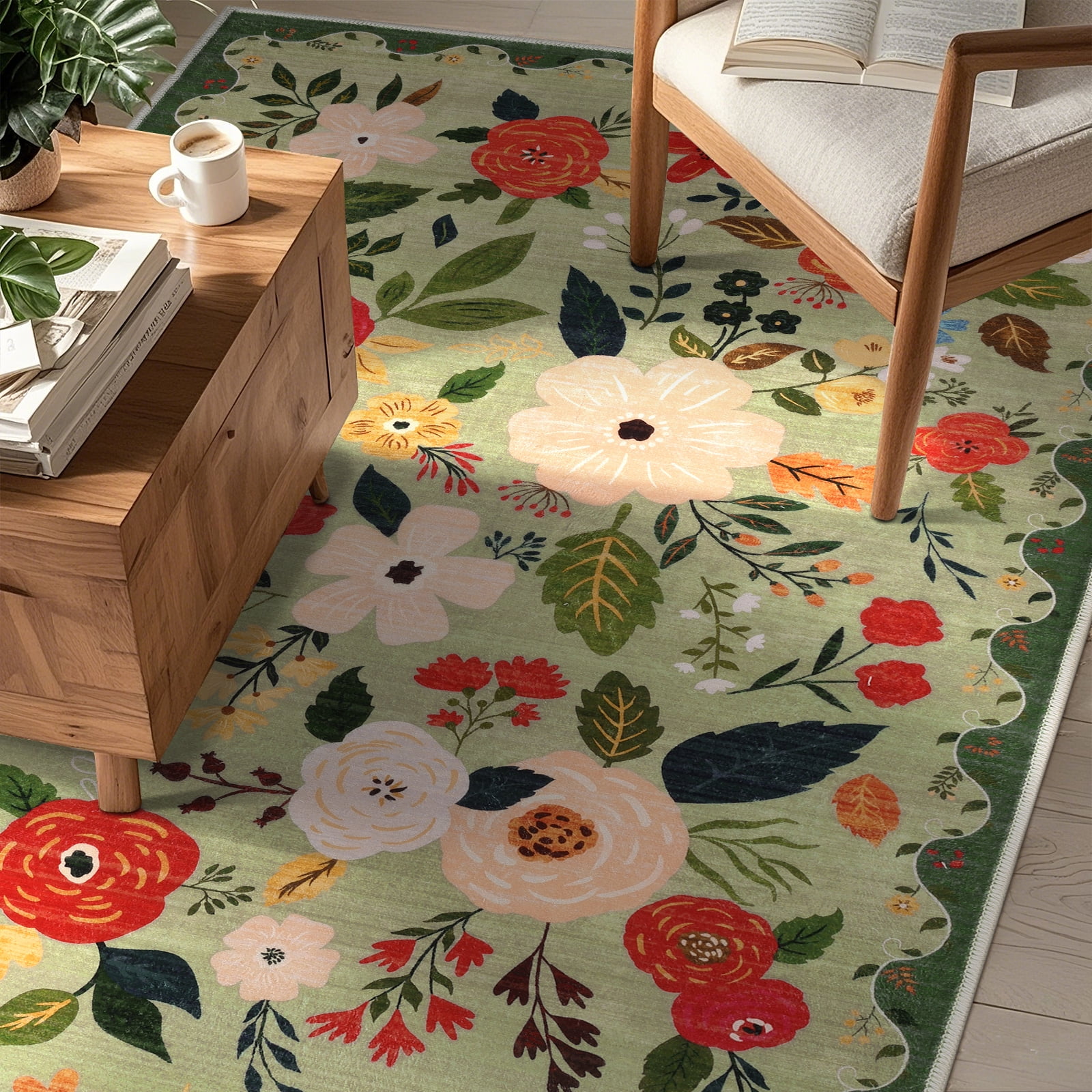 6x9 ft Living Room Area Rug Machine Washable Boho Area Rug Non Slip Floral Vintage Low Pile Large Rug for Living Room, Bedroom, Farmhouse, Dining Room, Kids Playroom