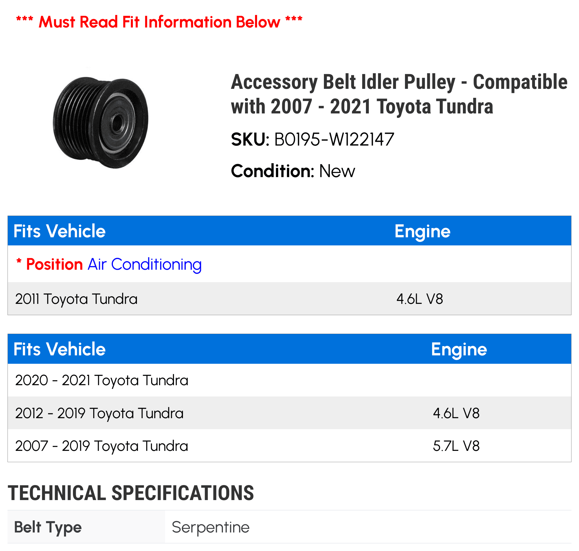 Accessory Belt Idler Pulley - Compatible with 2007 - 2021 Toyota Tundra 2008 2009 2010 2011 2012 2013 2014 2015 2016 2017 2018 2019 2020