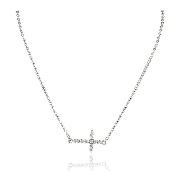 Sterling Silver Cz Sideways Cross Necklace 18"