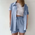 thumbnail image 2 of Htigea Women's Summer Two Piece Sets Short Sleeve Button Down Shirts Drawstring Shorts Linen Outfits Casual Beach Wear Light Blue S, 2 of 5