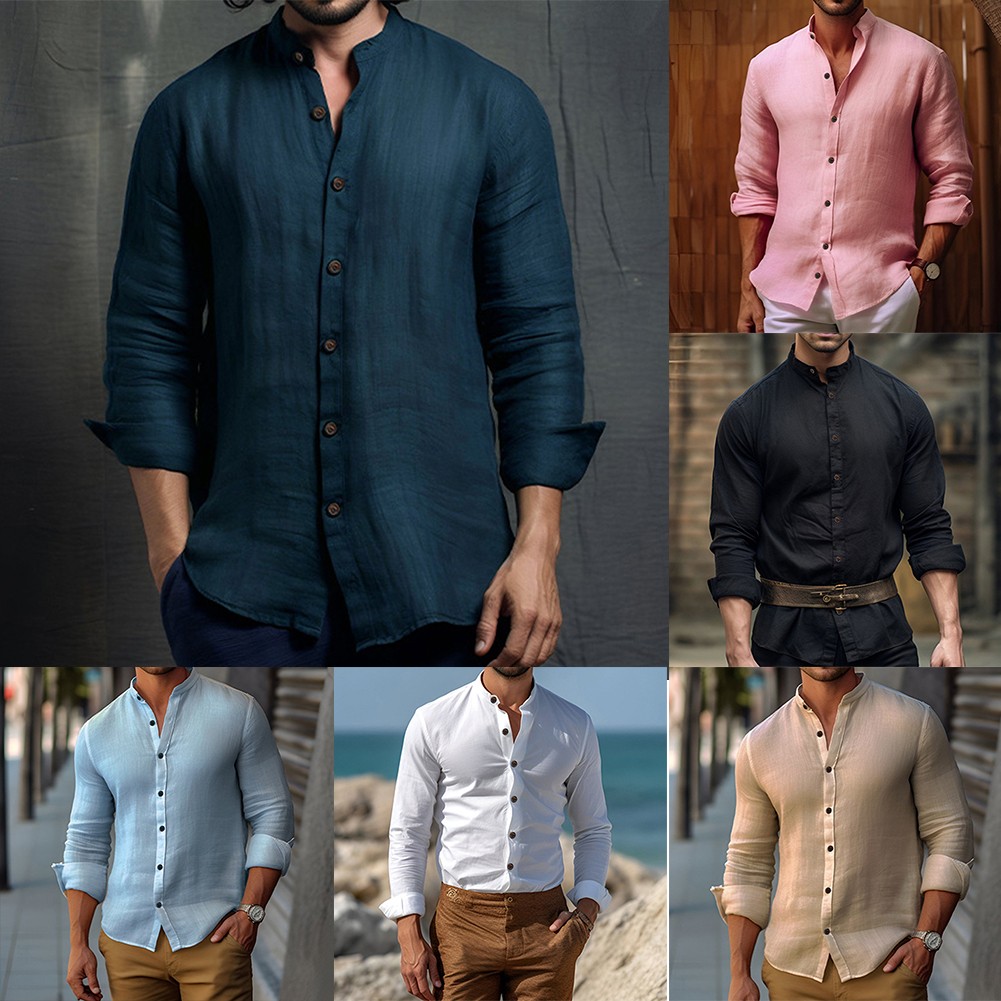 Fule Men Retro Collarless Casual Formal Informal Grandad Long Sleeve Cotton Shirt Top - image 3 of 7