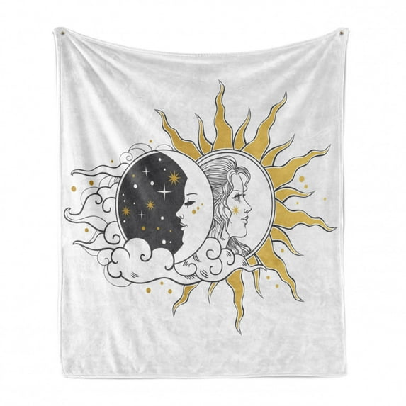 Moon Rays Soft Flannel Fleece Throw Blanket, Portrait Image of a Woman in Sun and Crescent, Cozy Plush for Indoor and Outdoor Use, 60" x 80", Mustard Grey, by Ambesonne