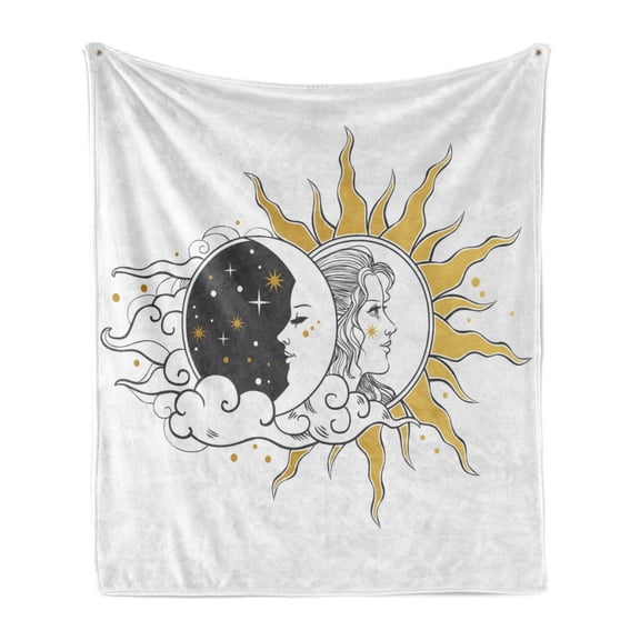 Moon Rays Soft Flannel Fleece Throw Blanket, Portrait Image of a Woman in Sun and Crescent, Cozy Plush for Indoor and Outdoor Use, 60" x 80", Mustard Grey, by Ambesonne