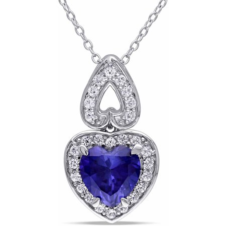 Tangelo 3-1/10 Carat T.G.W. Created Blue and White Sapphire Sterling Silver Halo Heart Pendant, 18