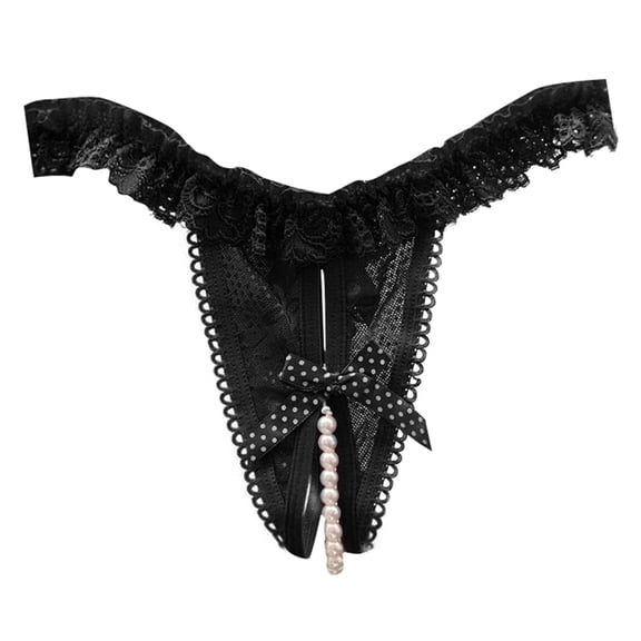 Women's Low Waist Open Crotch Lace Underwear - Pearl Massage Thong - One Size Fits Most