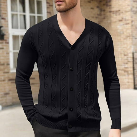 Nmnitkp Men's Cardigan Sweater Wool Blend Cable Knit V Neck Buttons Cardigan with Pockets Black,XS