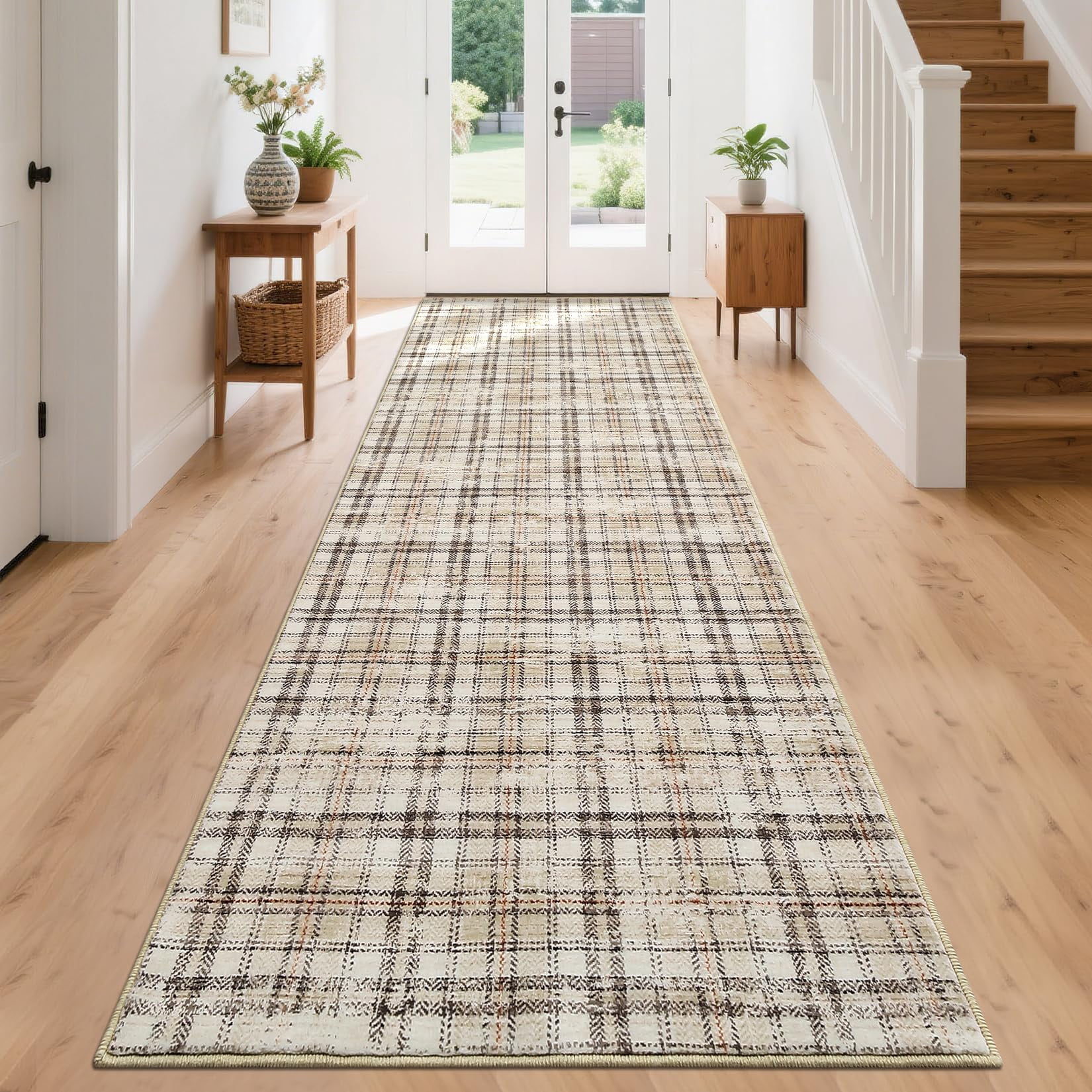 2'x10' Washable Soft Plaid Traditional Tartan Runner Rug - Non Shedding, Non Slip, Stain Resistant Carpet for Living Room, Bedroom, Nursery, Office, Machine Washable, Beige