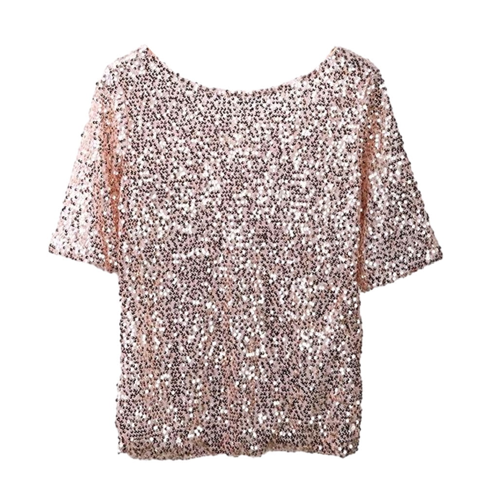 Enqiretly Glitter Party Shirt Women Lady Shiny Sequin Top Short Sleeve Unique Comfortable 1Set