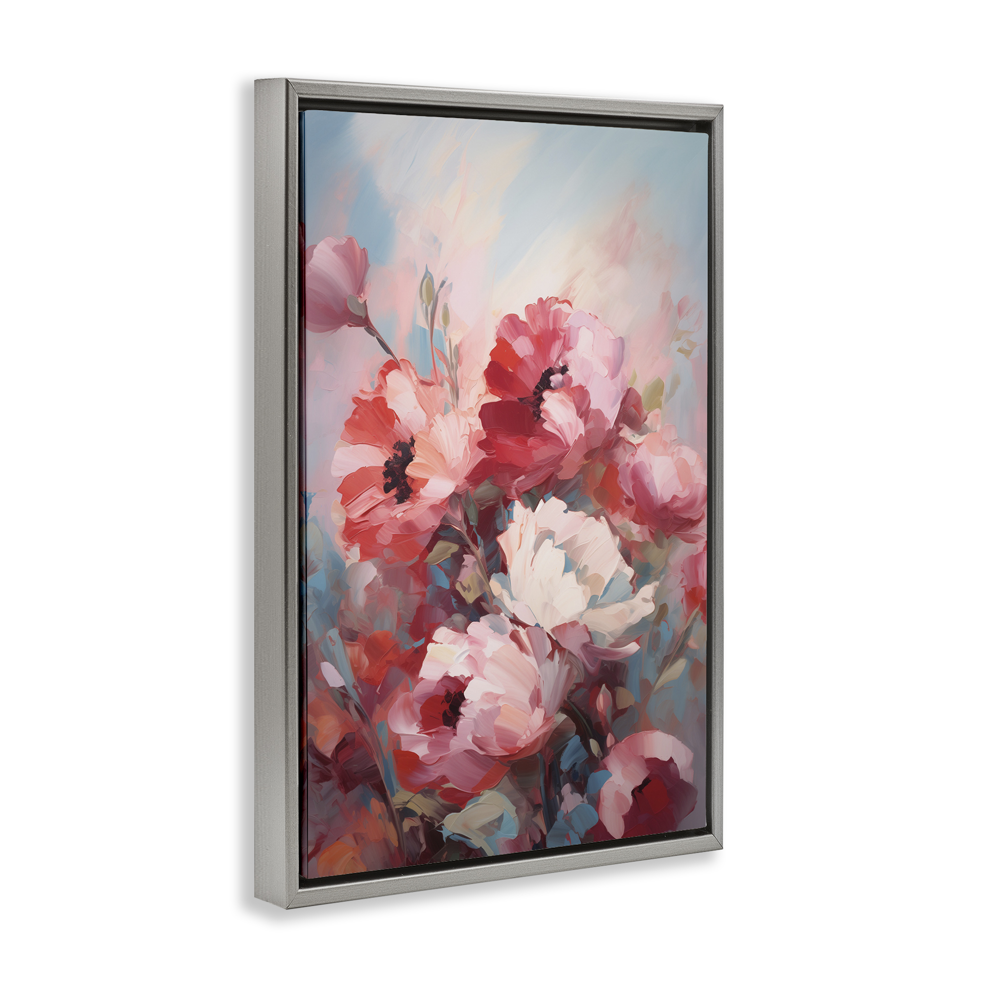 Stupell Industries Red & White Anemones Botanical & Floral Painting Gray Floater Framed Art Print Wall Art, 21 x 31