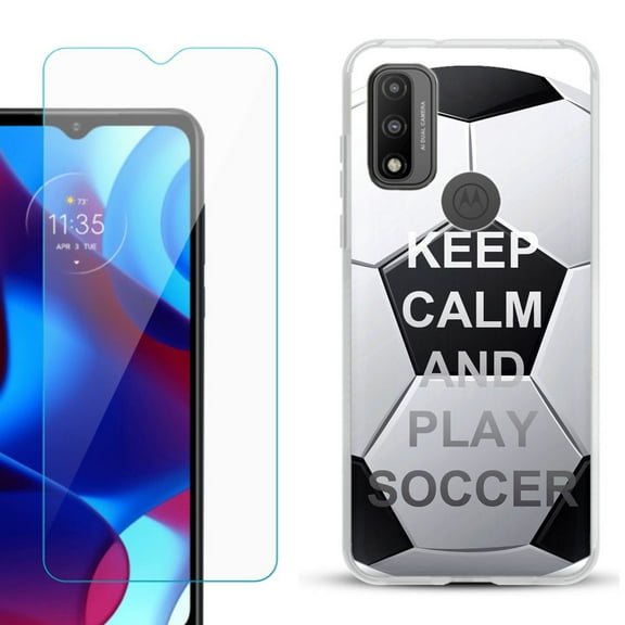 Slim-Fit Gel TPU Phone Case for Motorola Moto G Pure, with Tempered Glass Screen Protector, by OneToughShield ® - Keep Calm Soccer