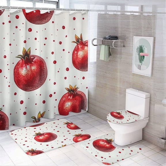 4 Pcs Shower Curtain Sets Pomegranate Pattern with Non-Slip Rugs Toilet Lid Cover And Bath Mat Pomegranate Vintage Organic Bathroom Decor Sets for Bathroom Decor 72inch X 72inch