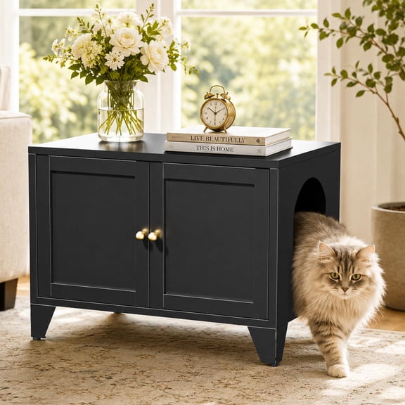 Glyxxen Metal Cat Litter Box Enclosure Furniture, Hidden Cat Washroom Pet Cabinet for Litter Box or Cat Bed, Dog Proof Indoor Cat House, End Table, Nightstand, Black