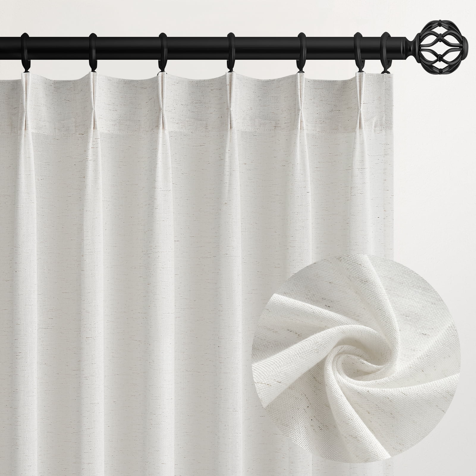 Jainmy Pinch Pleated Linen Curtains, Boho Light Filtering Living Room Bedroom Curtain,Window Treatments with Hook,Natural, 40x90 inch, 2 Panels