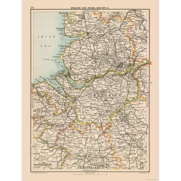 Historic Map - Wales England - Bartholomew 1892 - 23 x 30.30 - Vintage Wall Art