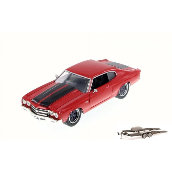 Diecast Car & Trailer Package - 1970 Dom's Chevy Chevelle SS, Glossy Red - Jada 97193 - 1/24 Scale Diecast Model Toy Car w/Trailer
