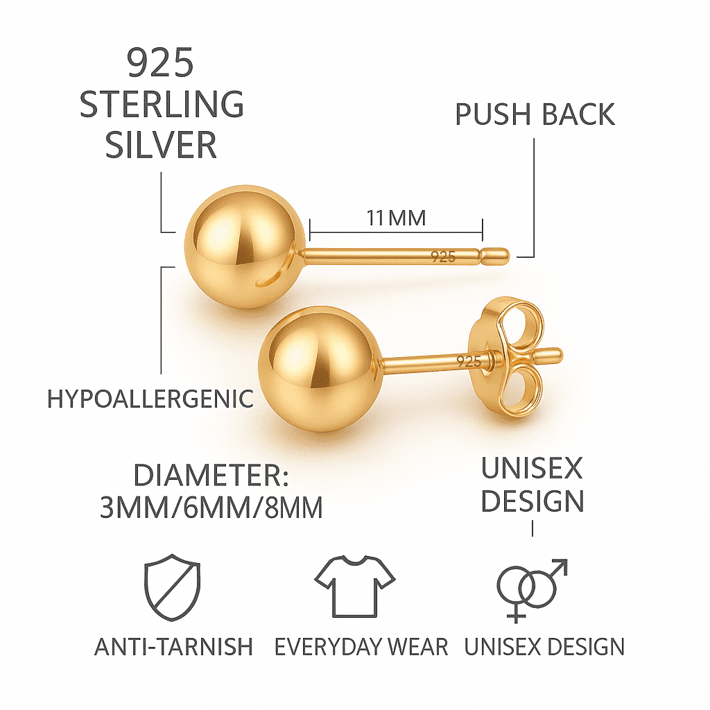 LeCalla 925 Sterling Silver Light-Weight 14K Micron Gold-Plated Classic Ball Post Stud Earrings for Women and Teen Set of 3 Pairs (3MM, 6MM, 8MM)