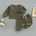 thumbnail image 3 of KEINXS Toddler Thicken Waffle Clothes Set Boy Girls Buttons Tops with Drawstring Elastic Waist Long Pants Army Green 18-24 Months, 3 of 8
