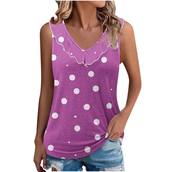 CheerKidz Women's Ruffle Collar Tank Tops Spring Summer Printed Sleeveless Blouse, Casual Fashion Tops 2025,Beach or Party Playwear(Purple,M)