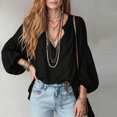 thumbnail image 5 of Wenini Women's Boho V Neck Puff Sleeve Crinkle Fabric Top Loose Drop Shoulder Casual Blouse Top Trendy Travel Shopping Outfit, 5 of 6