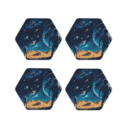 

Honeii Astronaut In A Space Suit On The Planet Print Leather Coaster Set of 4 Ideal for Safeguarding Your Furniture from Drinks Spills and Effortless Cleanup-Hexagon