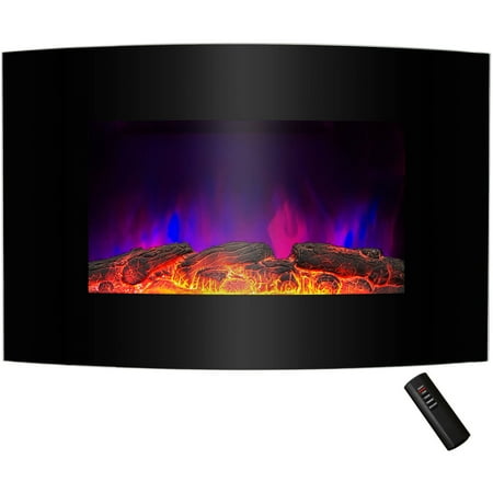 AKDY FP0046 36" 1500W Wall Mount Electric Fireplace Heater with Curved Tempered Glass, Pebbles, Logs and Remote Control, Black
