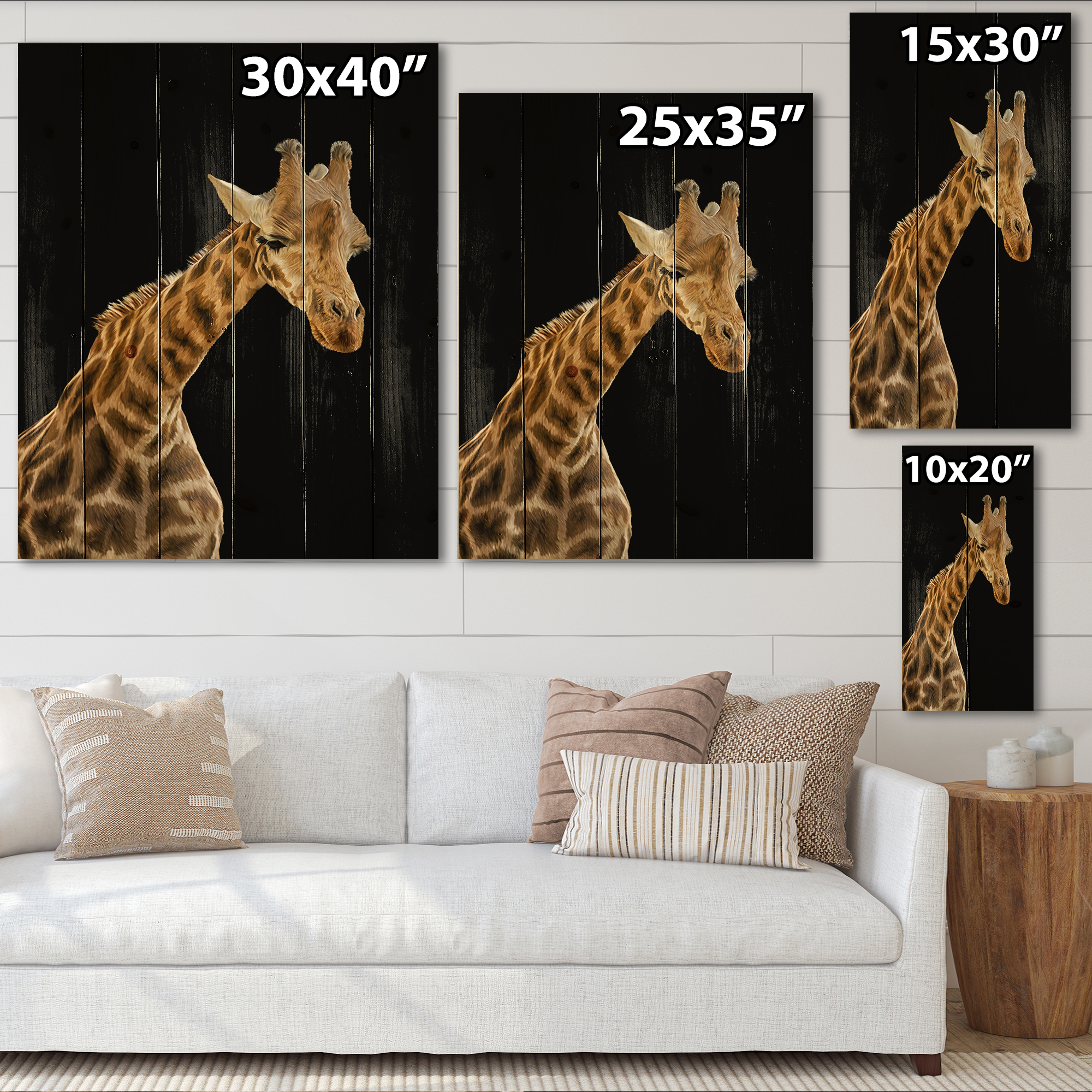 Designart 'Portrait of A Giraffe On Black Background II' Farmhouse Print on Natural Pine Wood