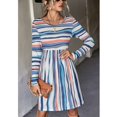 thumbnail image 4 of Vestido de manga larga con cuello redondo, estampado de rayas, hasta la rodilla, vestido informal de línea A para otoño, azul, S, 4 of 8