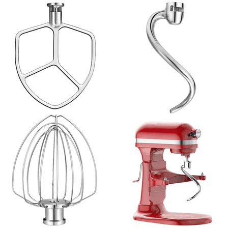 Stainless Steel 3 Piece Kit Attachments, Dough Hook 6 Wire Whisk Flat Beater Compatible with KitchenAid 5 Plus -6QT Mixer, Bowl Lift Stand Mixer Accessory Rust Resistant Dishwasher Safe